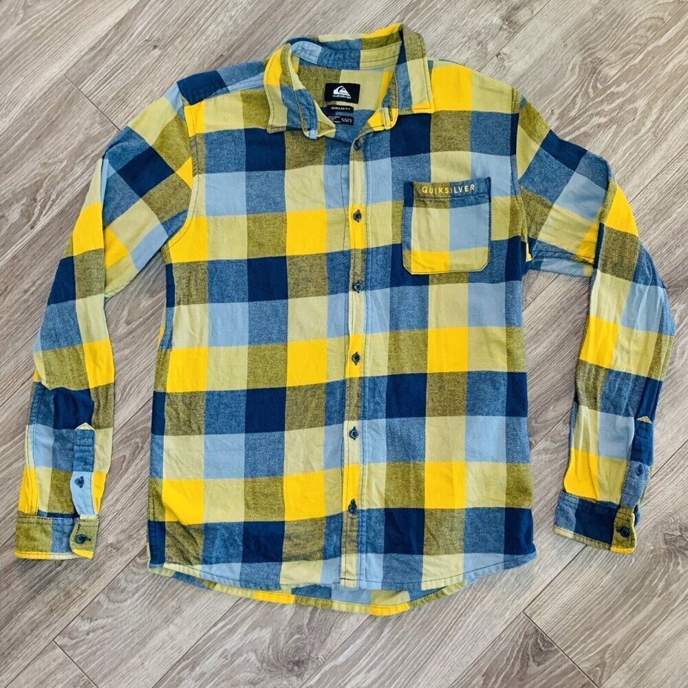 Quicksilver Boys Shirt Long Sleeve Fleece Plaid Size 16 Blue/ Yellow Skate Snow‎